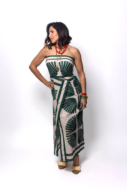 Elegant Strapless Maxi Dress with Bold Green Print