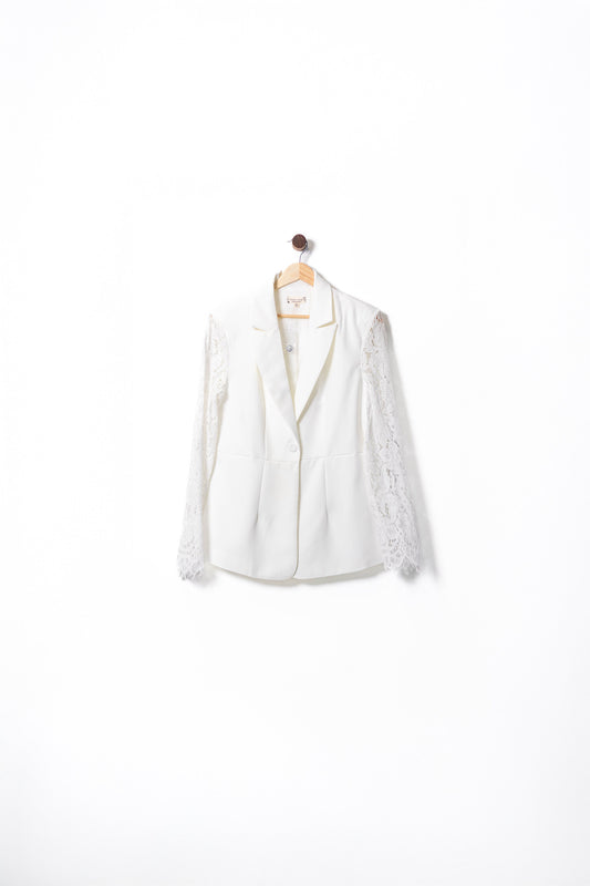 Elegant White Lace Sleeve Blazer & Trousers Set