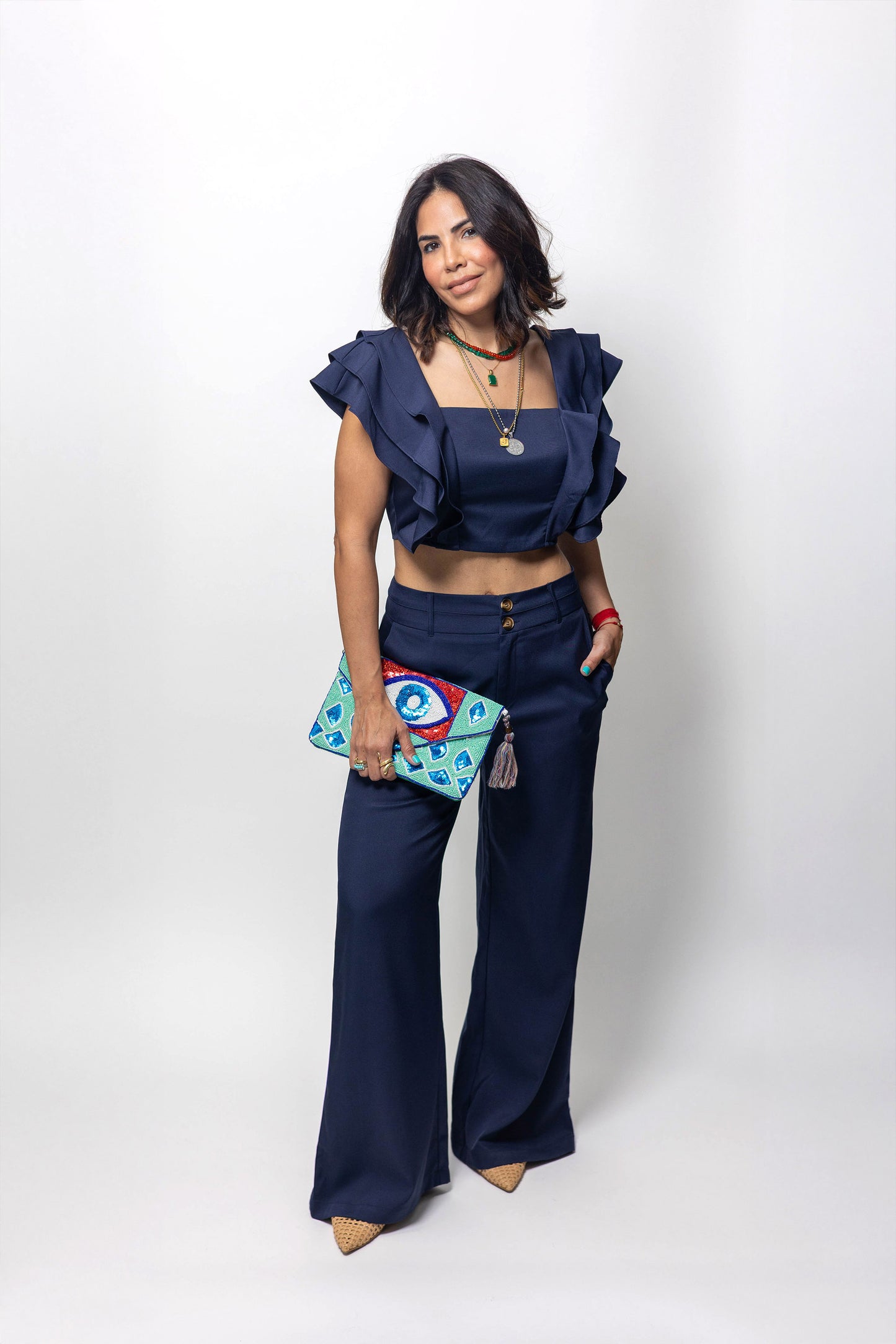 Ruffled Sleeve Crop Top & Wide-Leg Pant Set