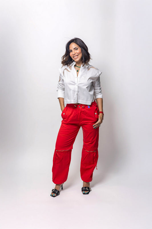 White Button-Up Blouse with Delicate Cutout Details