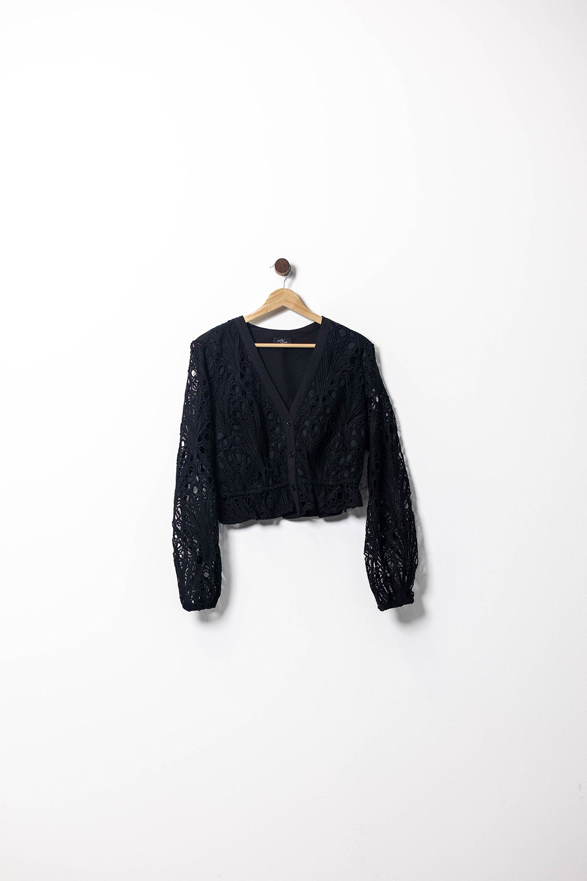 Black Lace Button-Up Long Sleeve Crop Top