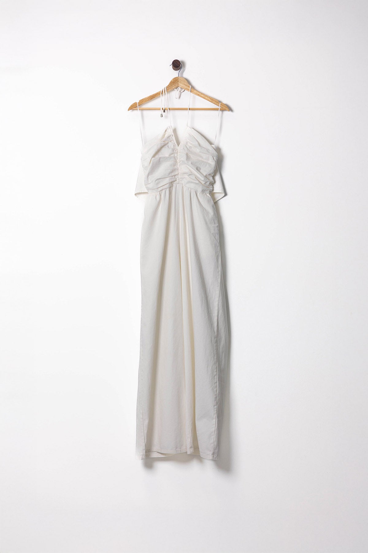 White Ruched Bust Maxi Dress with Tie Straps