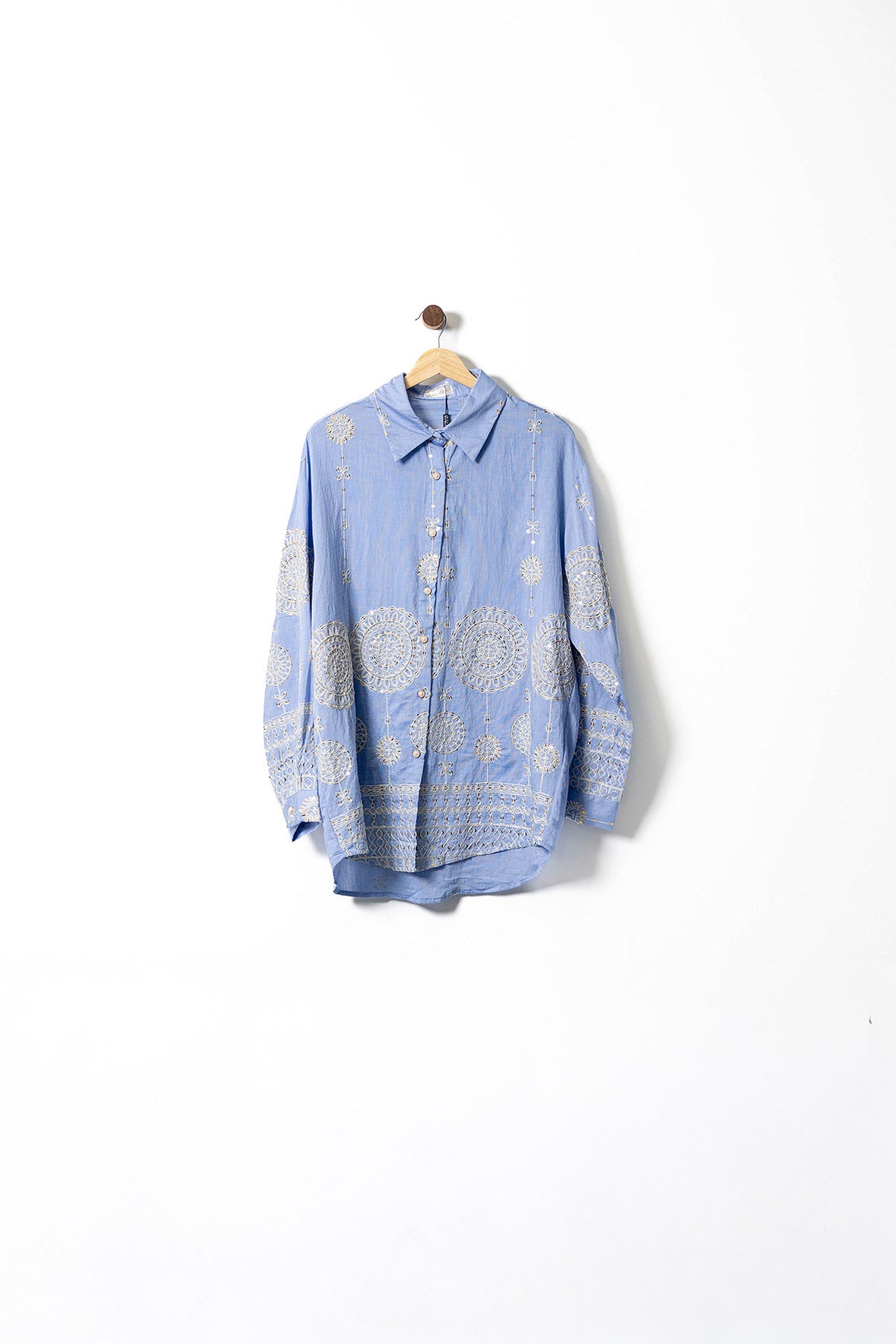 Blue Embroidered Shirt & Wide-Leg Pants Set