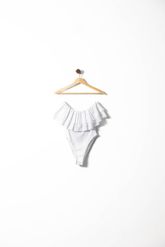 White Off-Shoulder Ruffle Bodysuit