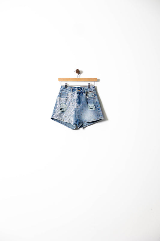 Distressed Denim Shorts with Lace & Rhinestones