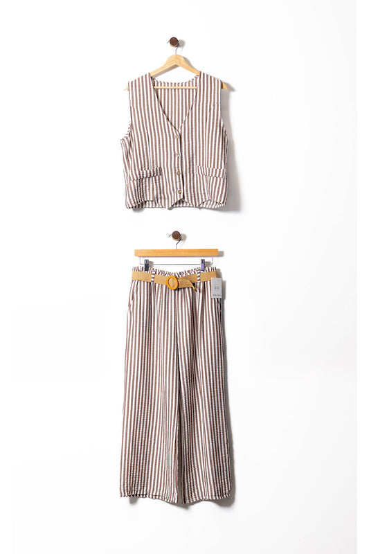 Striped Cotton Button-Up Vest & Pants with Belt