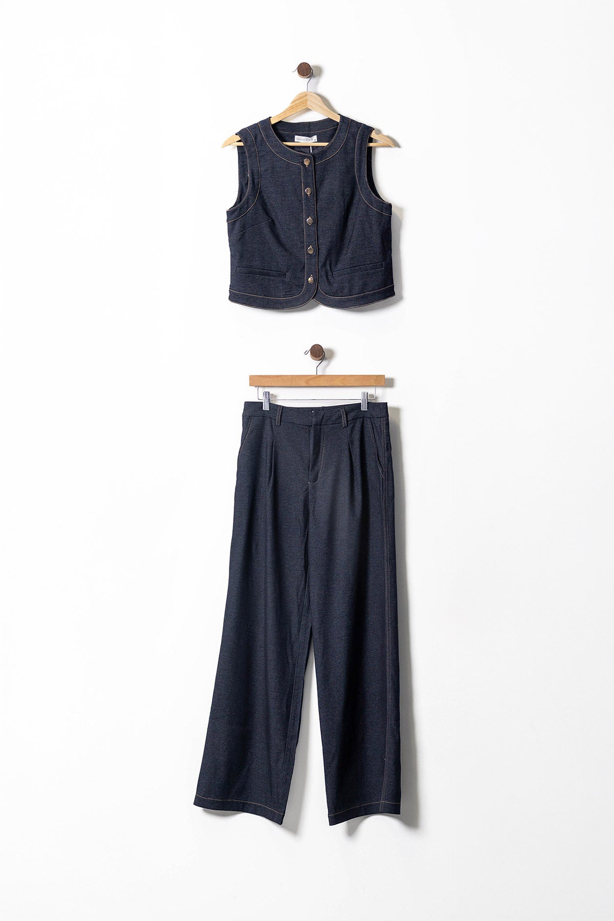 Contrast Trim Denim Vest & Wide-Leg Pants Set