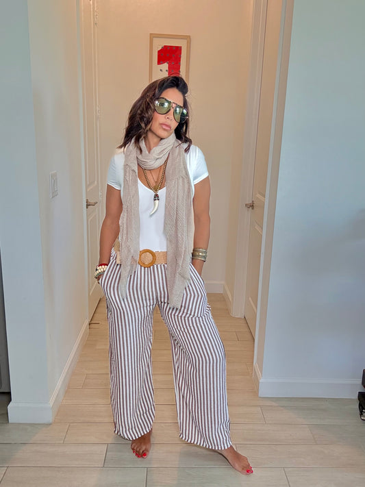 Striped Cotton Button-Up Vest & Pants with Belt