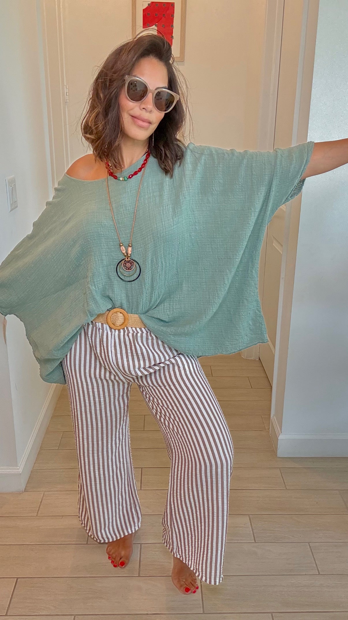 Striped Wide-Leg Cotton Pants with Belt