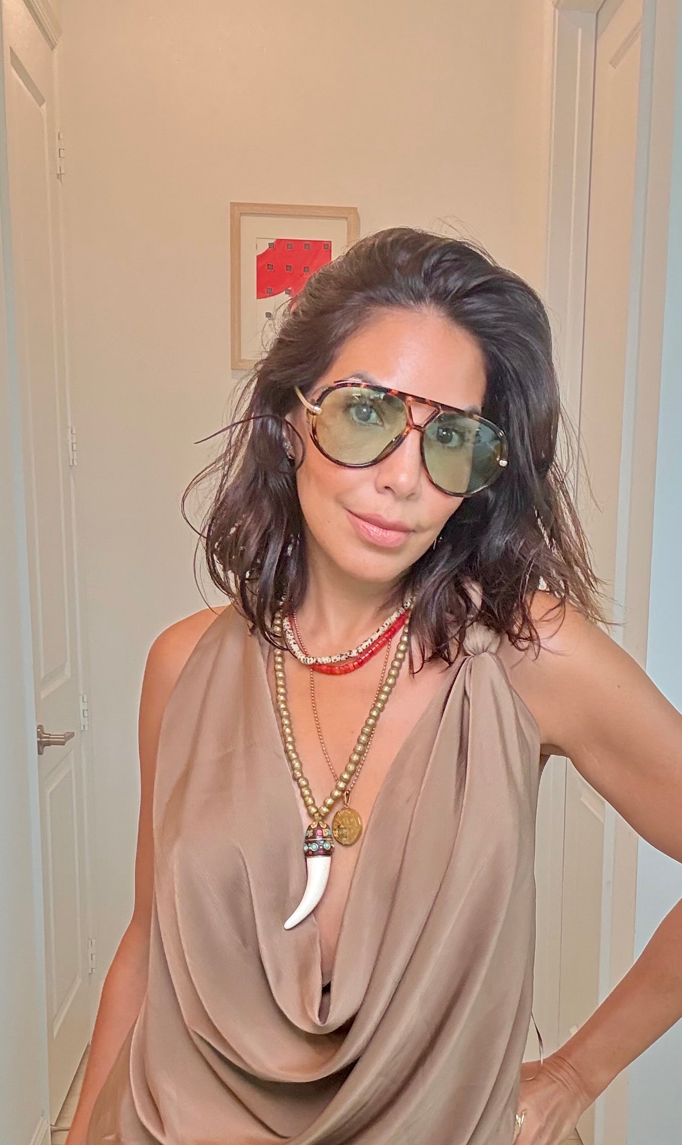 Beaded Brass Necklace with White Horn Pendant