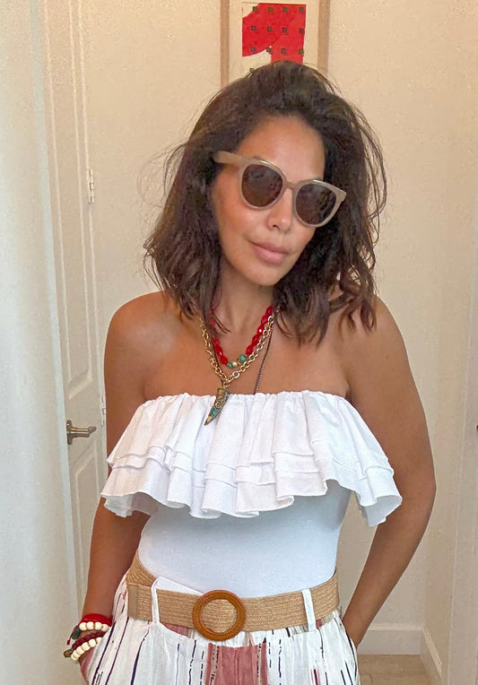 White Off-Shoulder Ruffle Bodysuit