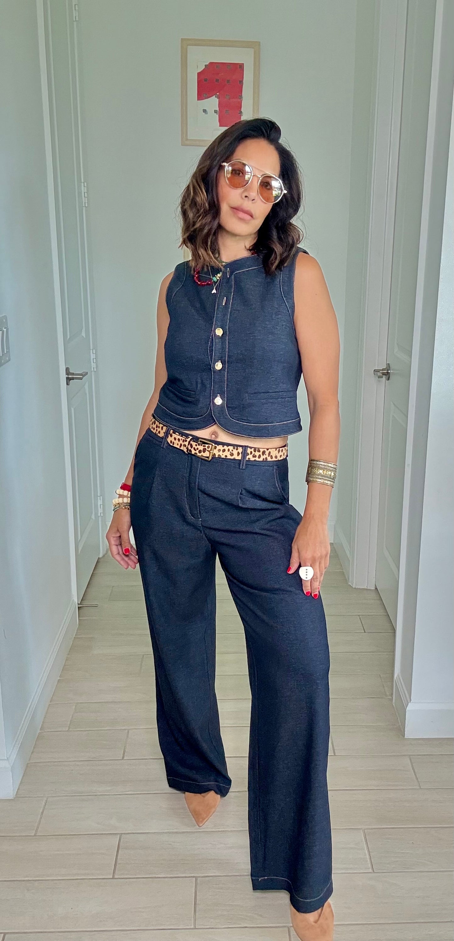 Contrast Trim Denim Vest & Wide-Leg Pants Set