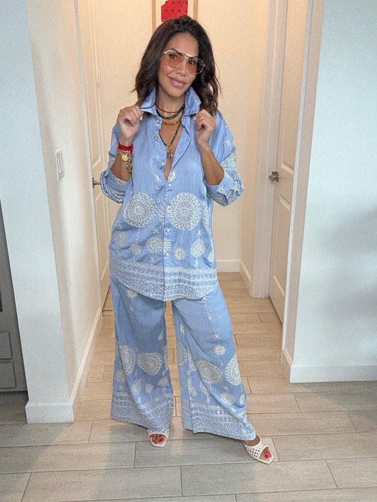 Blue Embroidered Shirt & Wide-Leg Pants Set