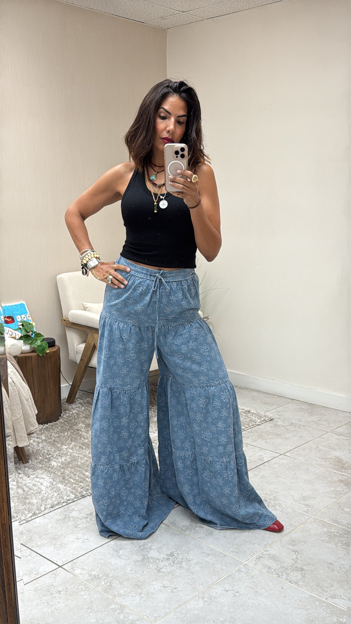 Tiered Chambray Wide-Leg Pants with Floral Stitch