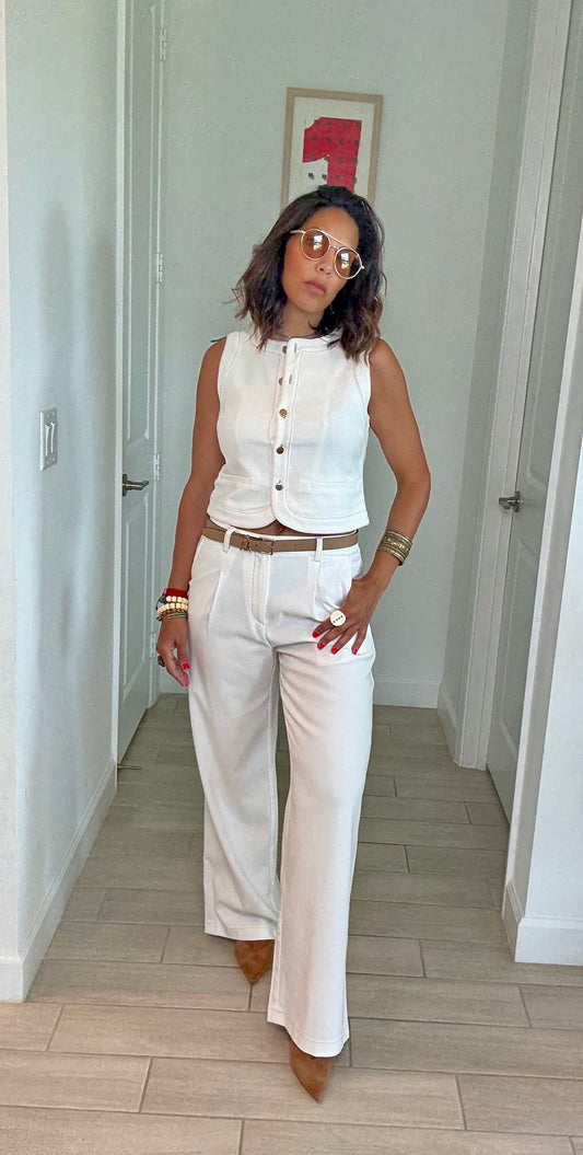 Contrast Trim Denim Vest & Wide-Leg Pants Set