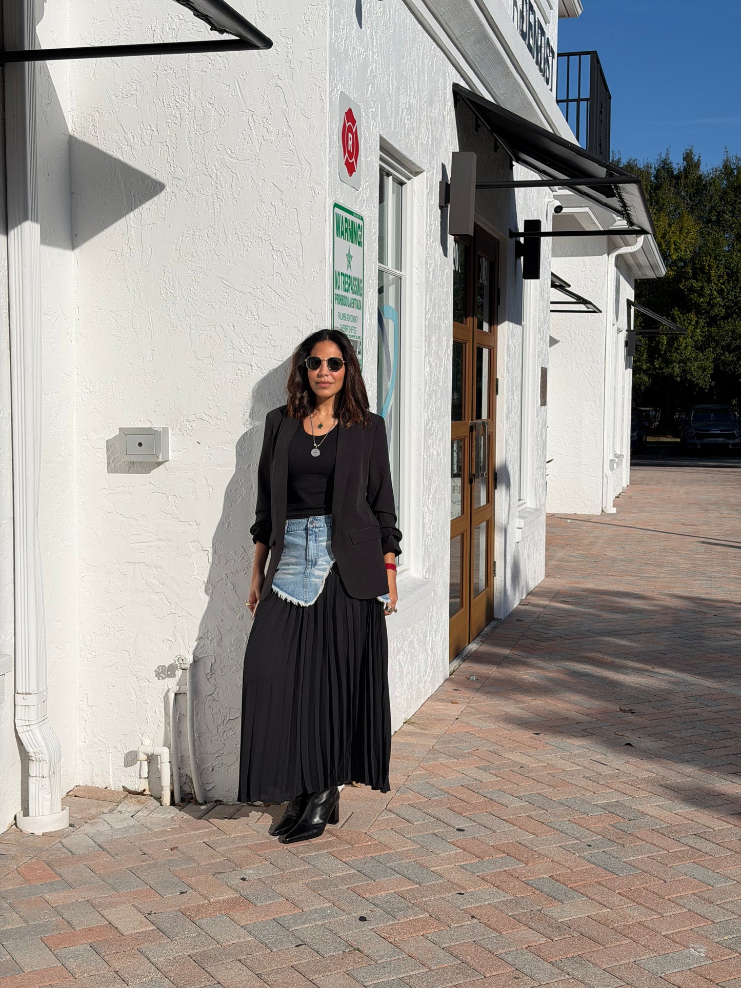 Denim-Overlay Pleated Maxi Skirt
