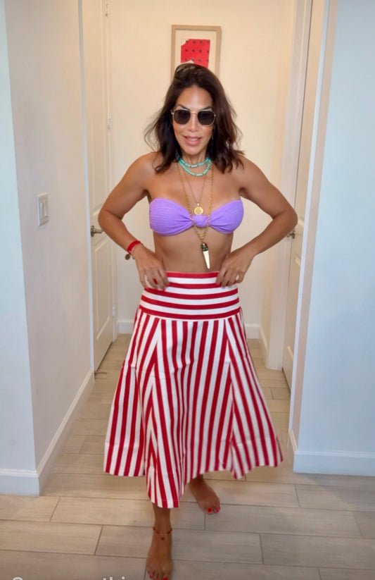 Red & White High-Waisted Striped Midi Skirt