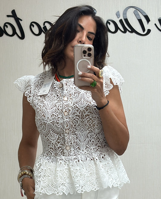 White Lace Flutter Sleeve Peplum Top