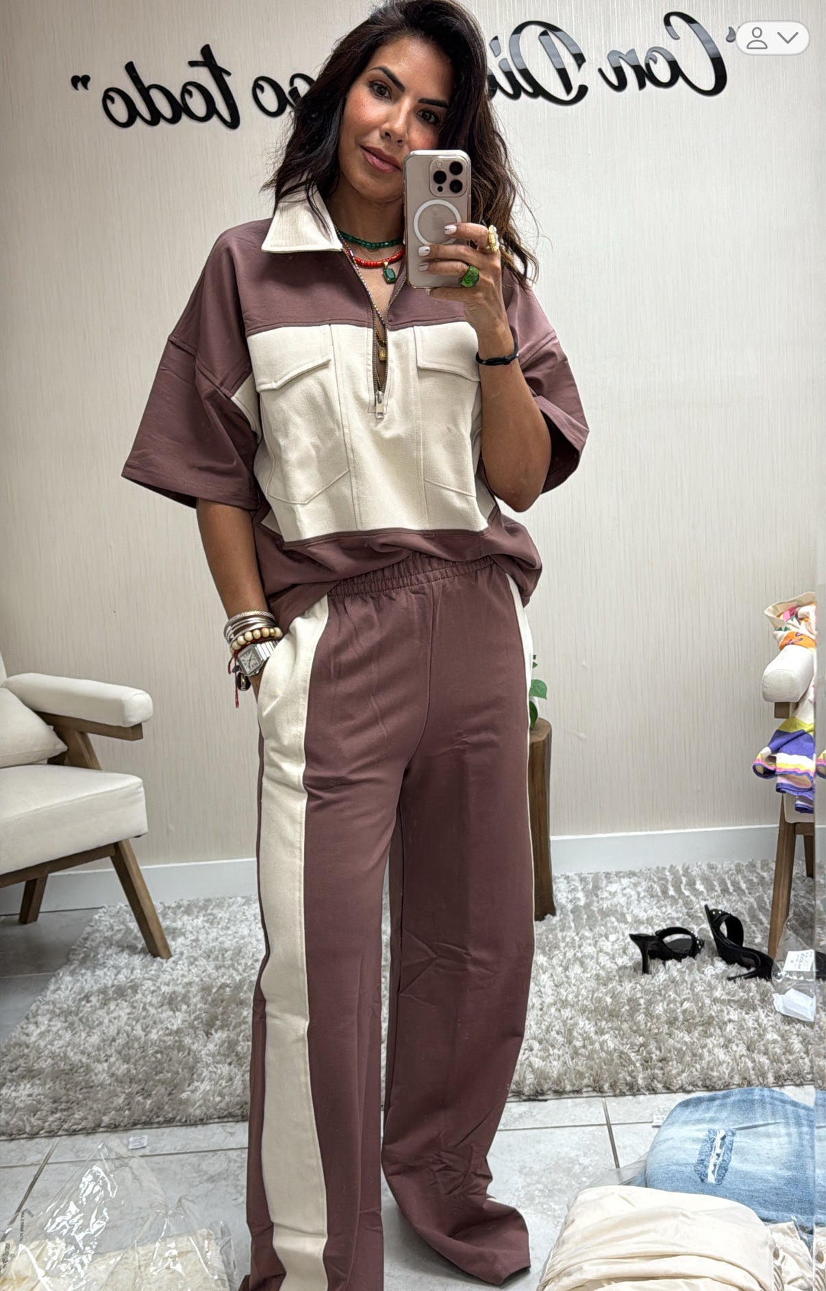 Two-Tone Zip Polo & Wide-Leg Track Pants Set