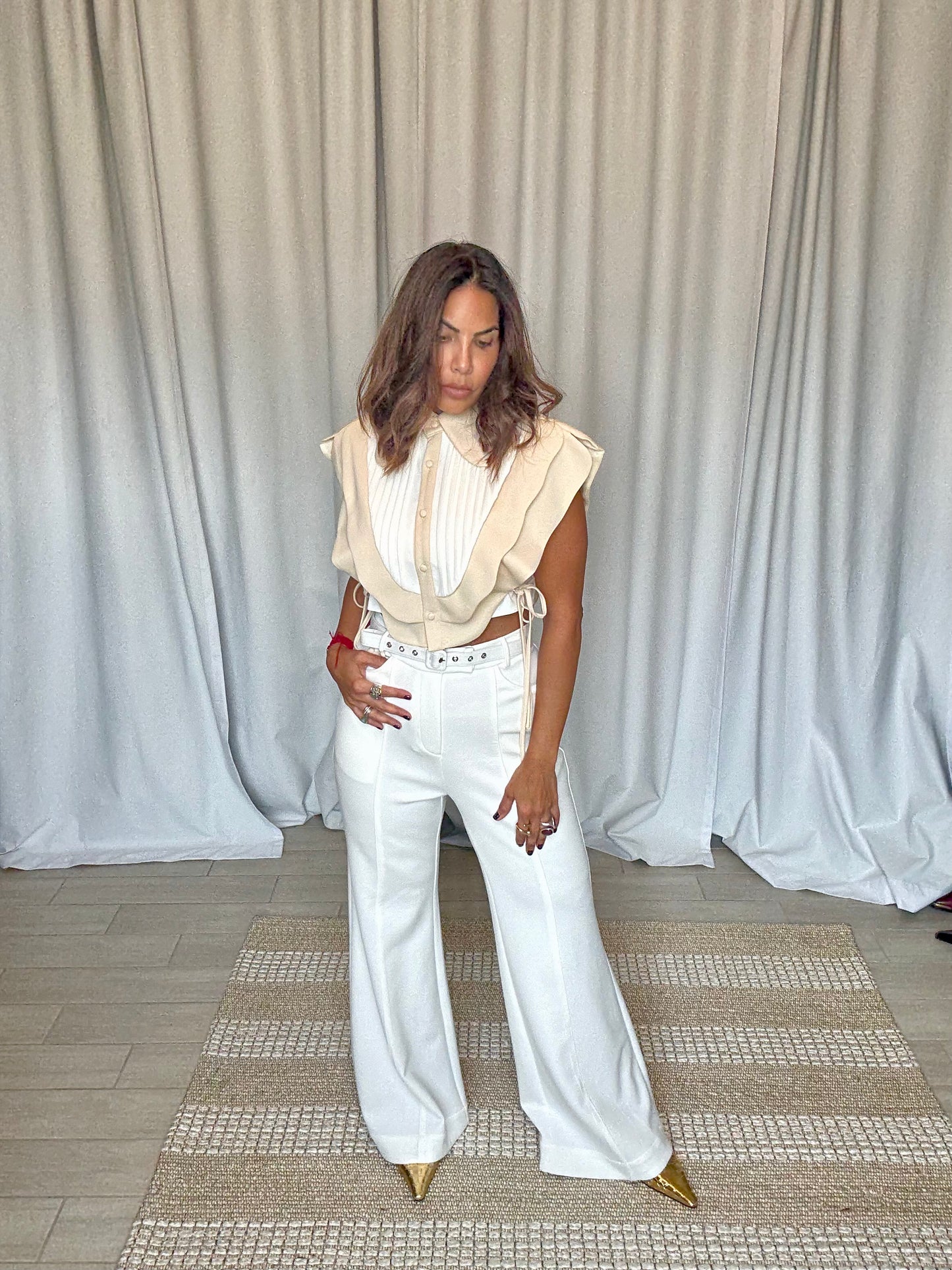 Ivory Scallop Belted Wide-Leg PANTS