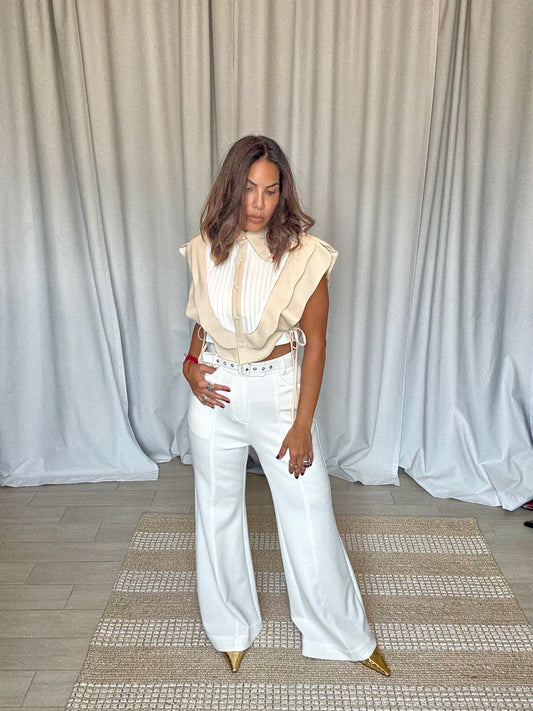Ivory Scallop Belted Wide-Leg PANTS