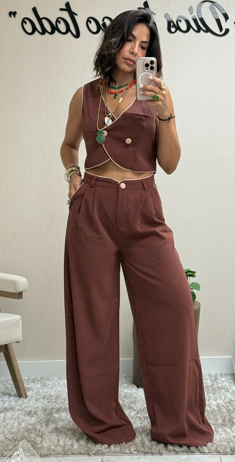 Tailored Mocha Vest & Trousers Set with Contrast Piping