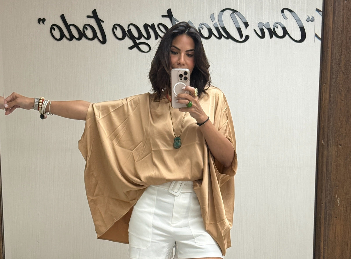 Golden Drape Sleeve High-Low Blouse