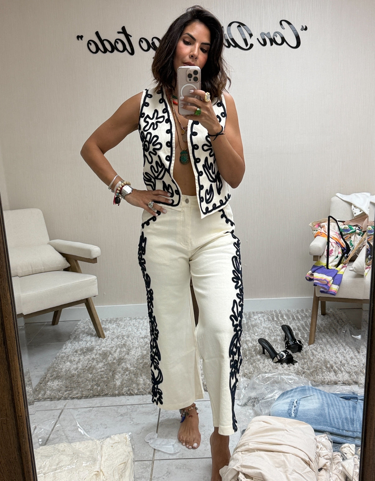 EMBROIDERED VEST- EMBROIDERED DENIM PANTS
