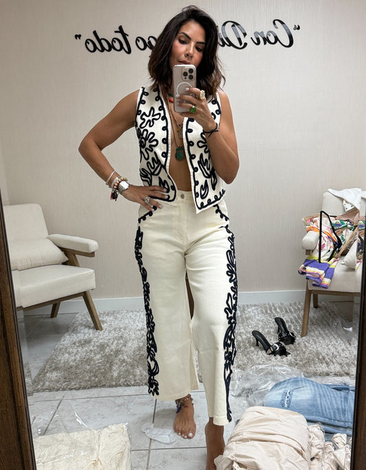 EMBROIDERED VEST- EMBROIDERED DENIM PANTS