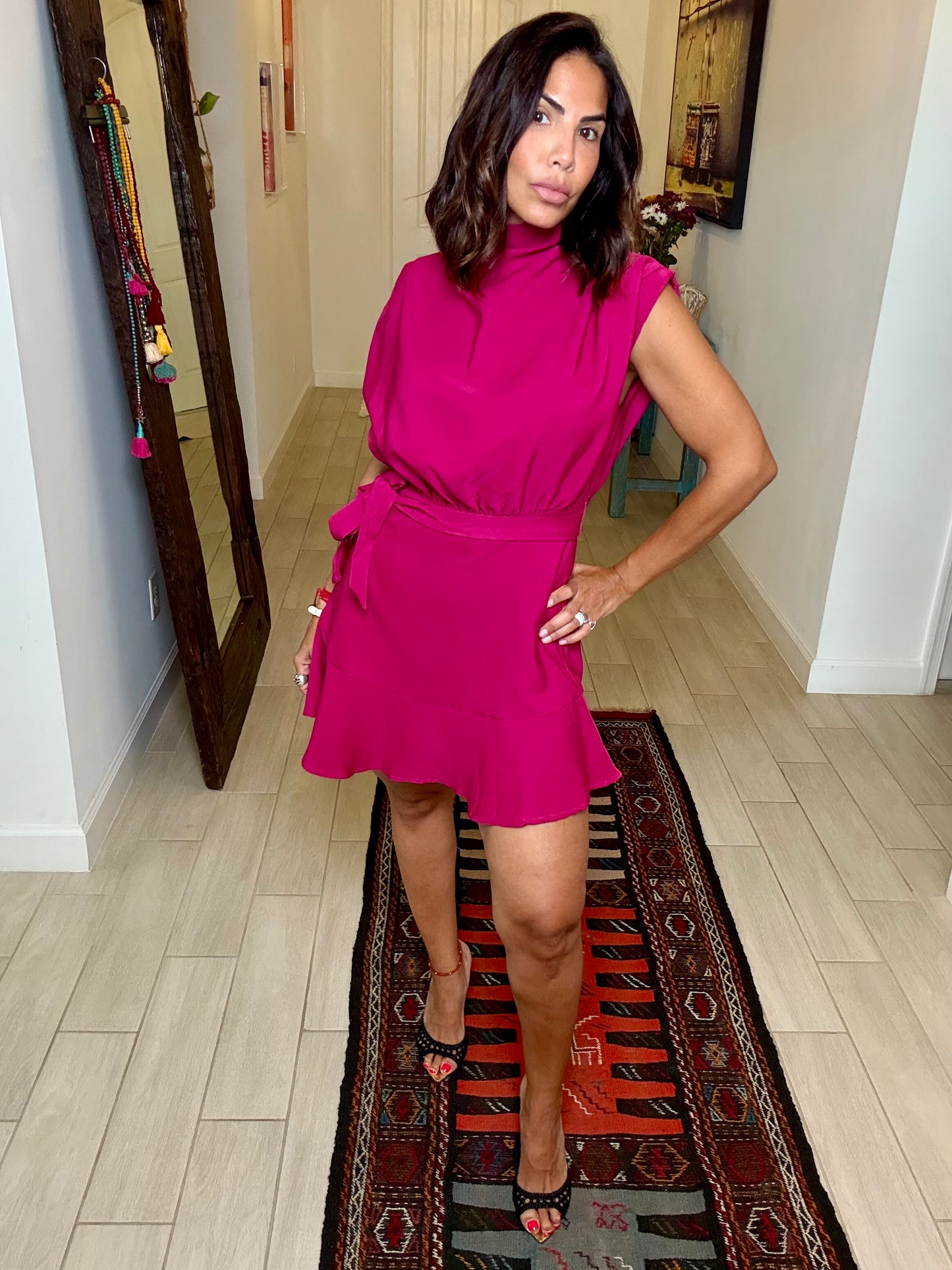 Red Violet Sleeveless Tie-Waist Mini Dress