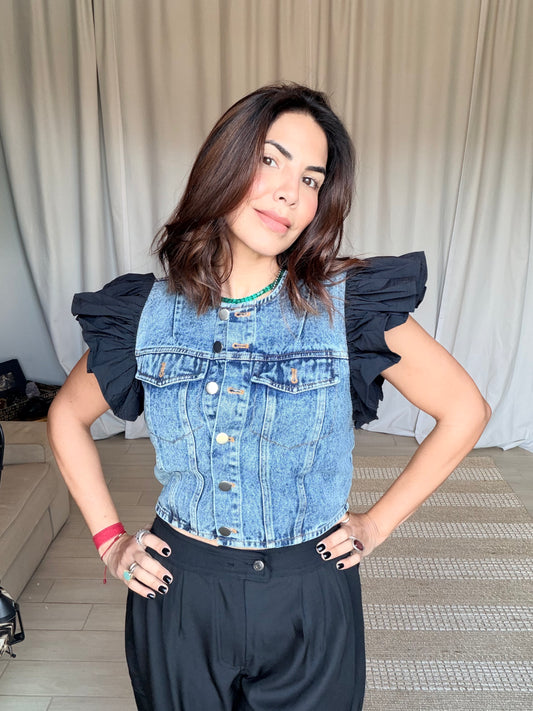 Denim Ruffle-Wing Crop Vest