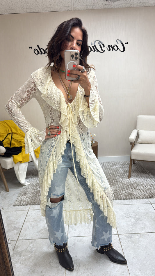 Soft Yellow Sheer Lace Ruffle Robe