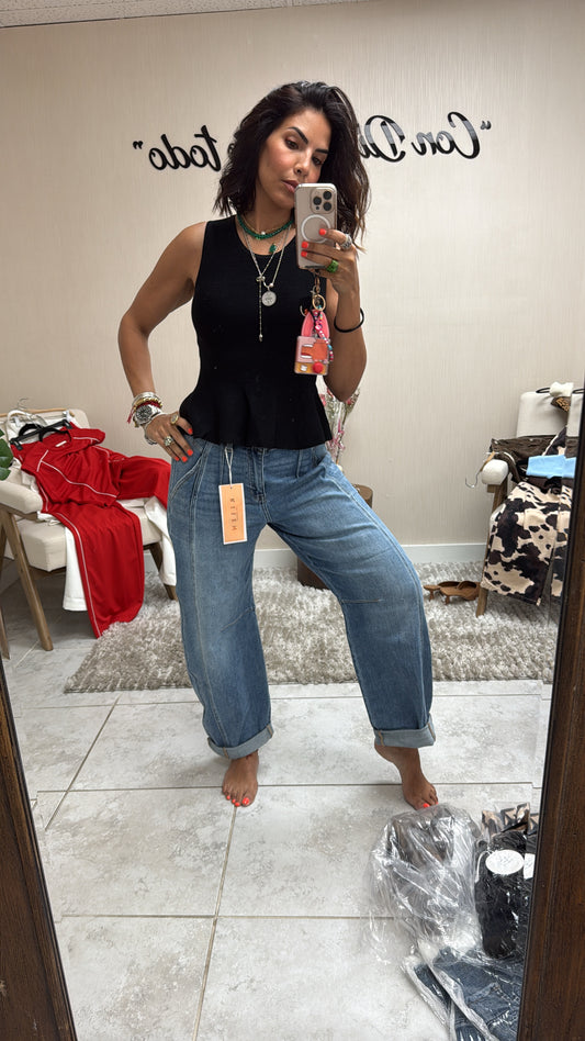 Snap-Button Striped Seam Barrel Jeans