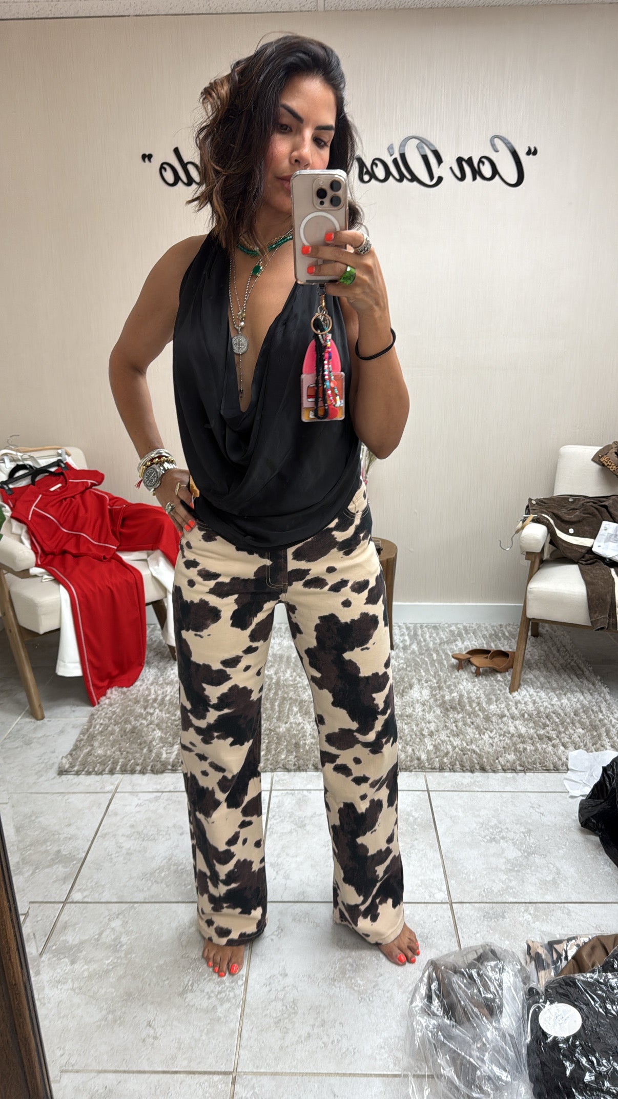 Cow Print Wide-Leg Statement Jeans