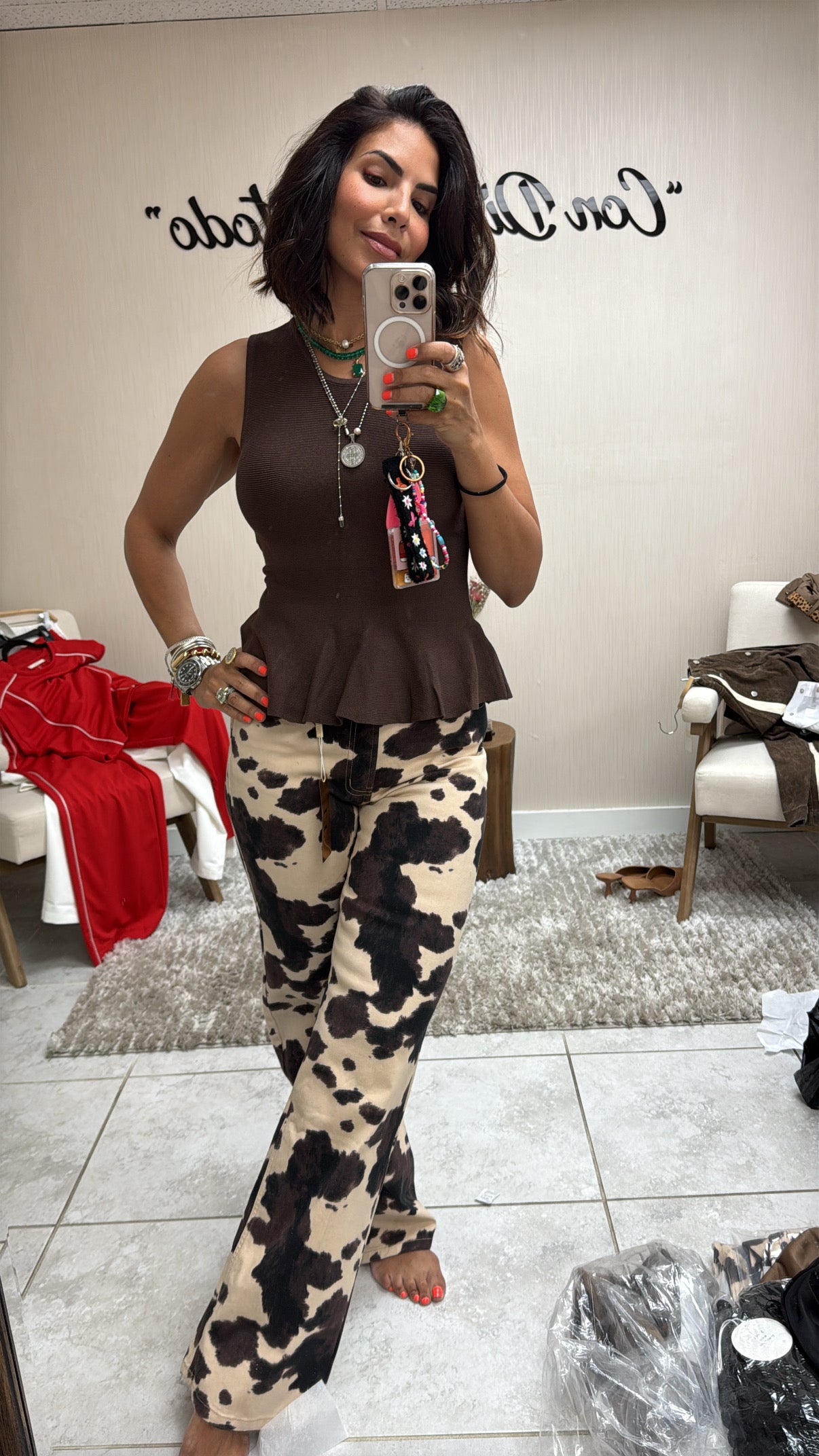 Cow Print Wide-Leg Statement Jeans