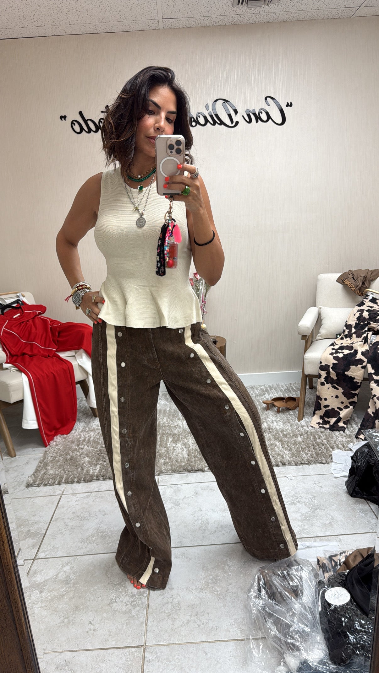 Snap Button Denim Wide-Leg Pants with Side Stripes