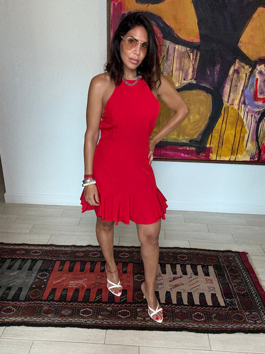 Red Ruffle Halter Mini Dress