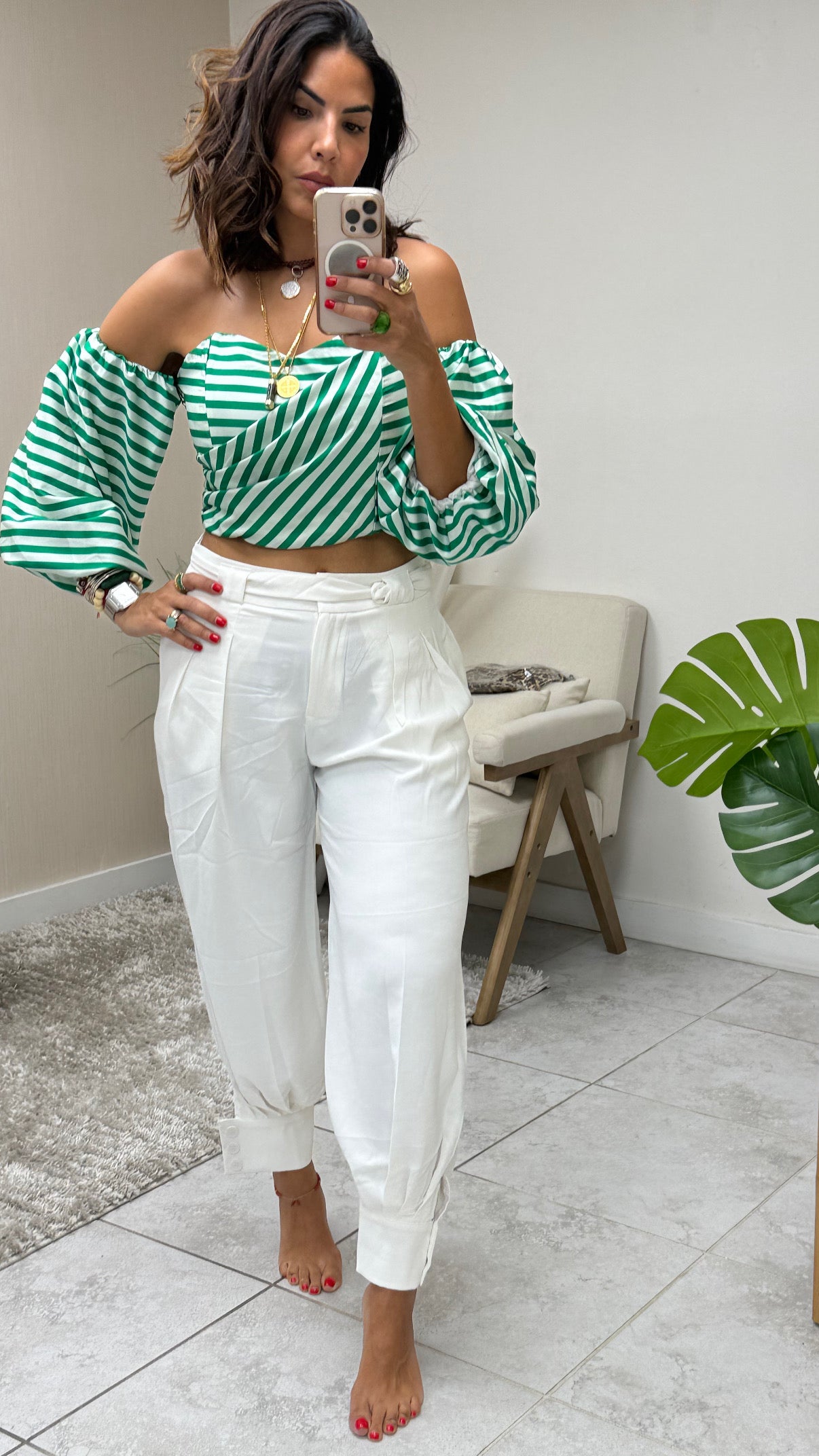 Emerald Stripes Off-Shoulder Top