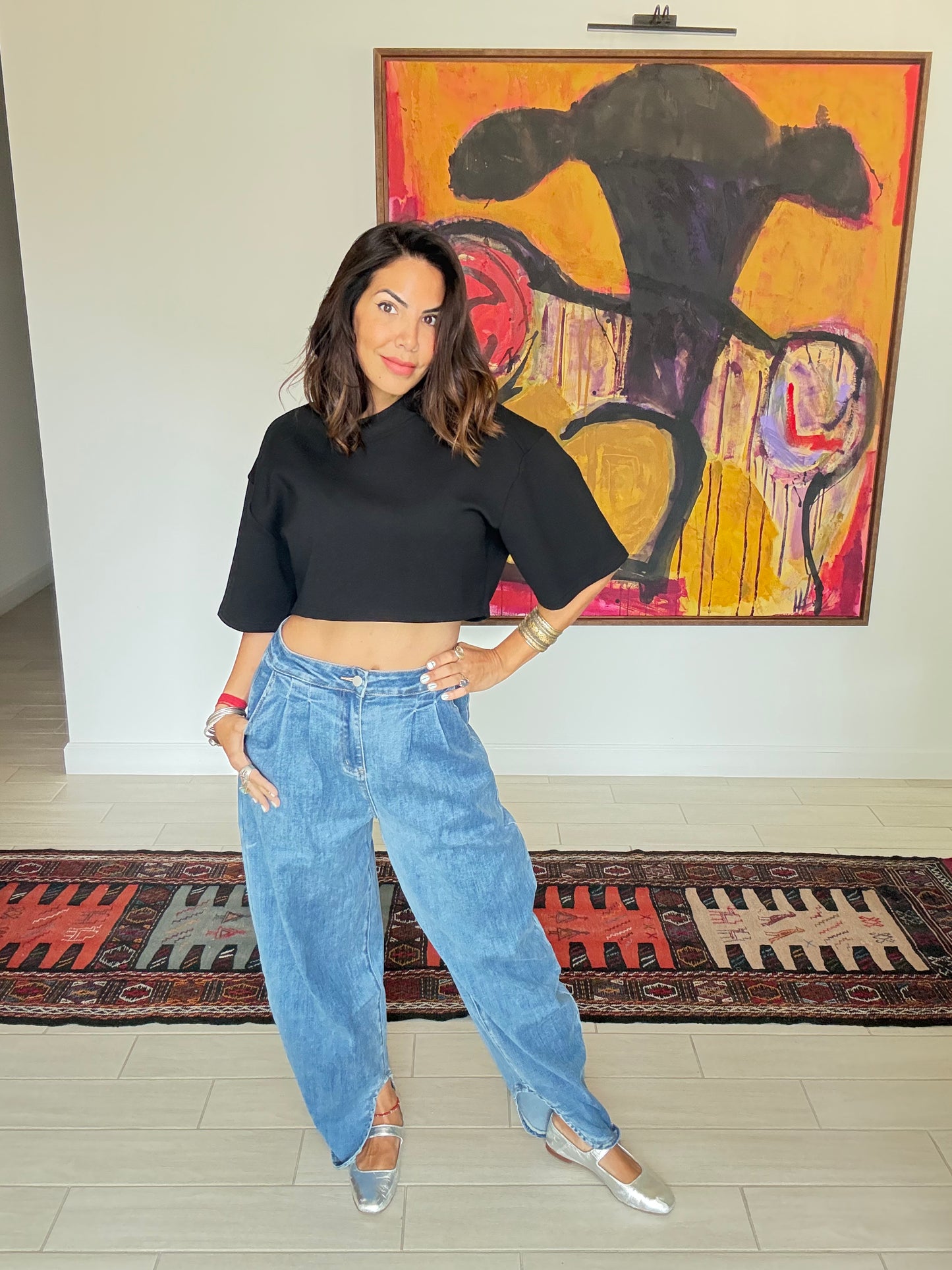 Pleated Ankle Cut Denim Pants