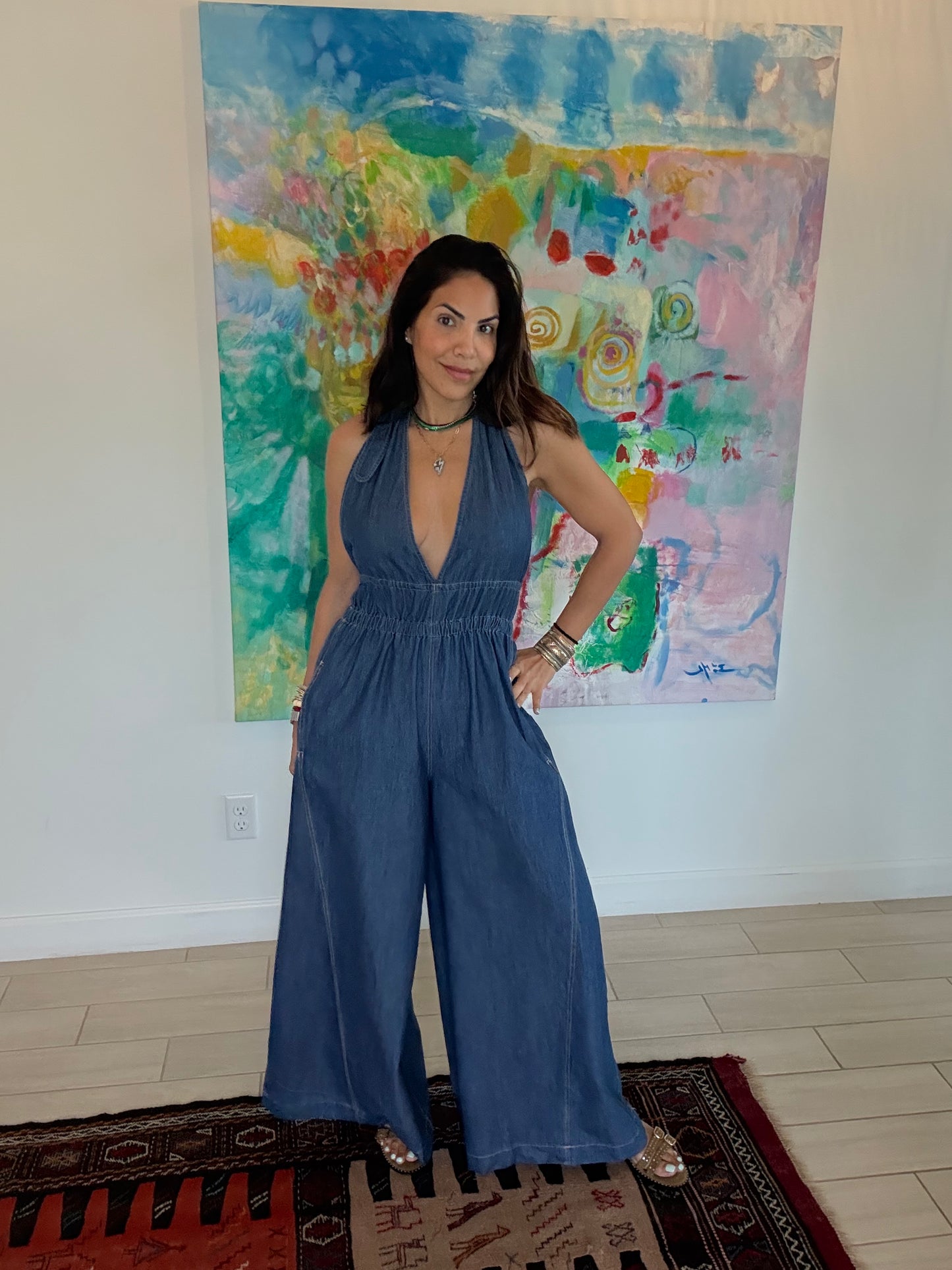Indigo Halter Wide-Leg Jumpsuit