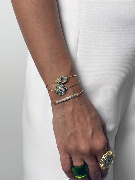 Golden Charm Bracelet Trio – Evil Eye, Hamsa & Pavé Bar
