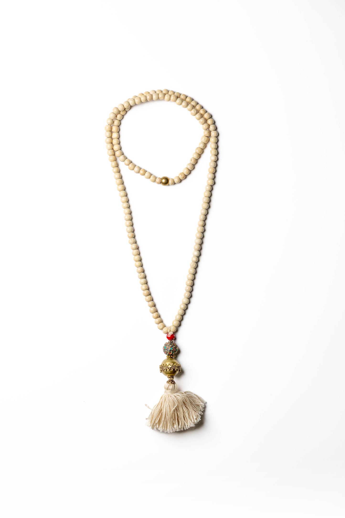 Bohemian Natural Wooden Bead Necklace with Cream Tassel