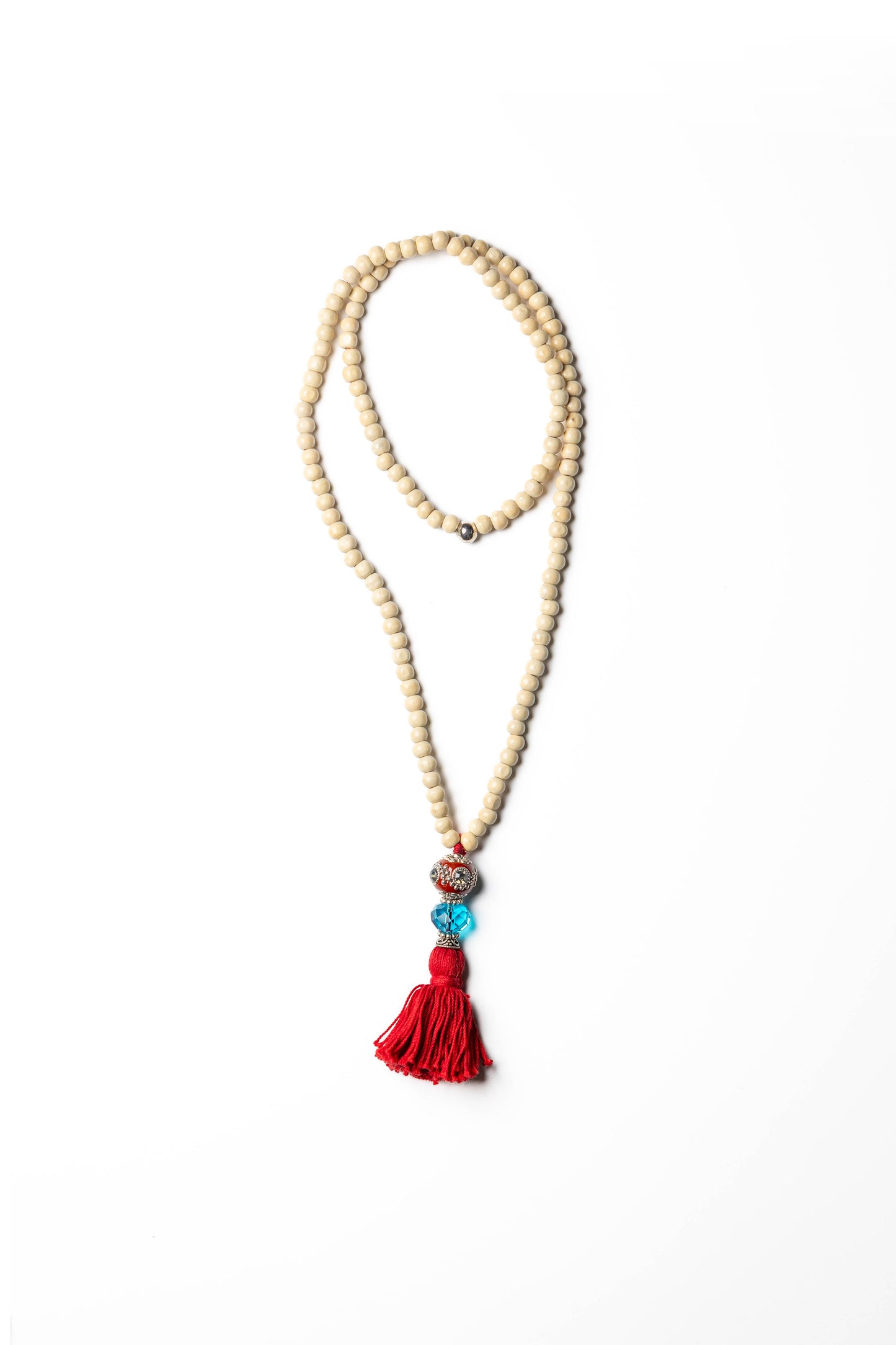 Natural Wooden Bead Necklace with Red Tassel and Accent Beads