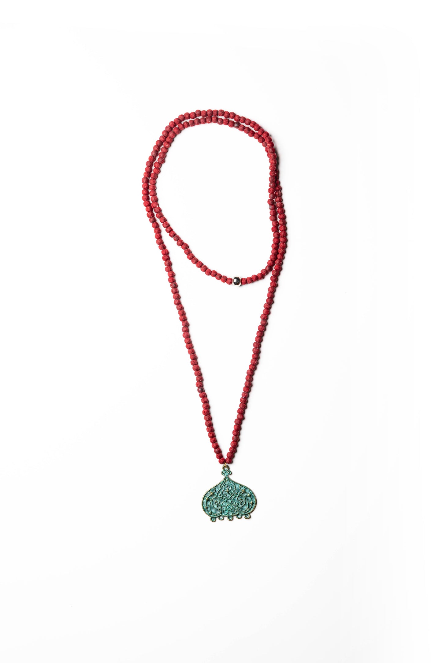 Bohemian Red Beaded Necklace with Antique Filigree Pendant