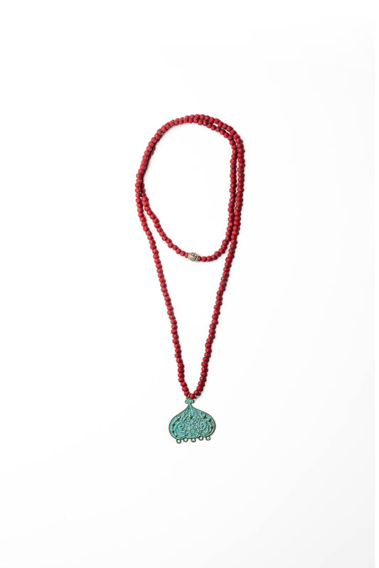Bohemian Double-Layered Wooden Beaded Necklace with Tribal Tusk Pendant