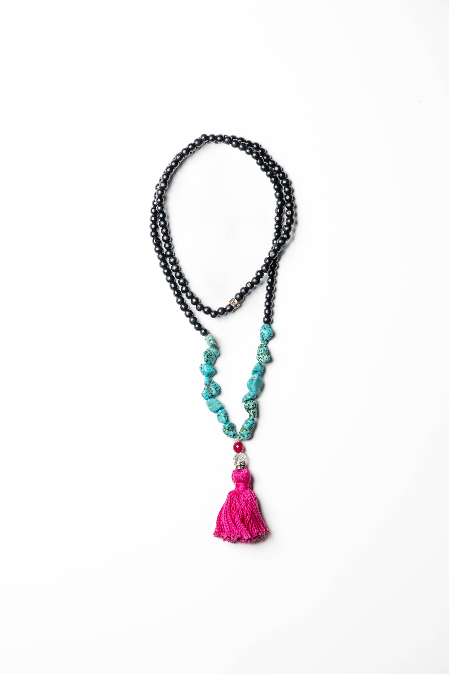 Black Beaded Necklace with Turquoise Accents & Fuchsia Tassel