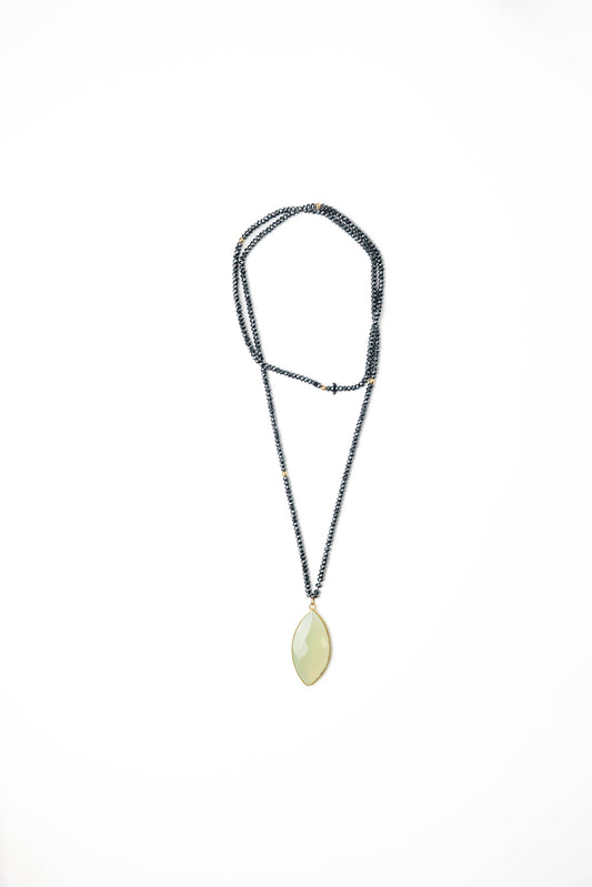 Black Beaded Necklace with Green Pendant