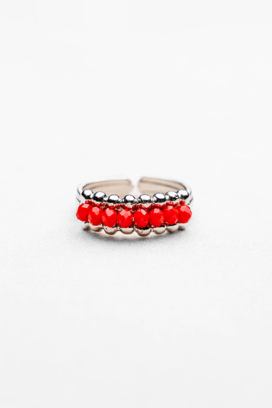 Silver Beaded Ring with Red Crystal Accents