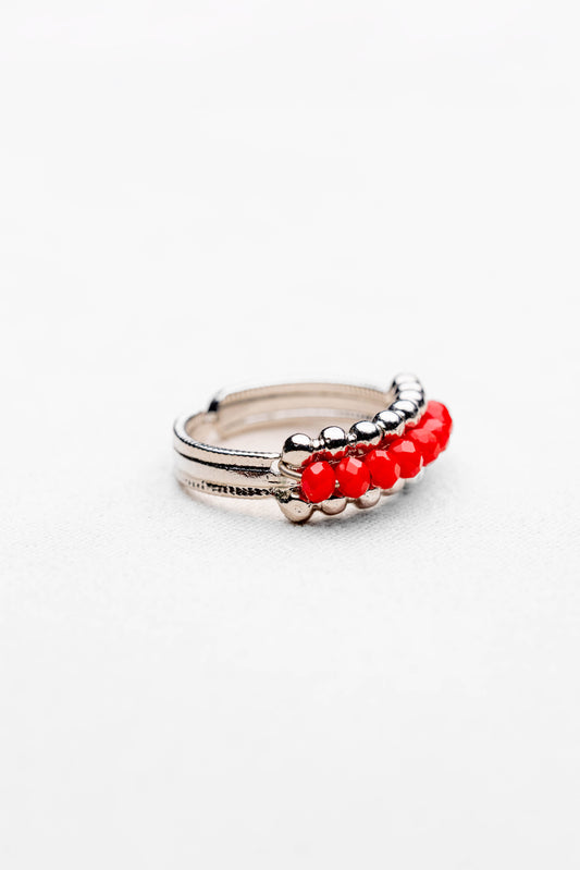 Silver Beaded Ring with Red Crystal Accents