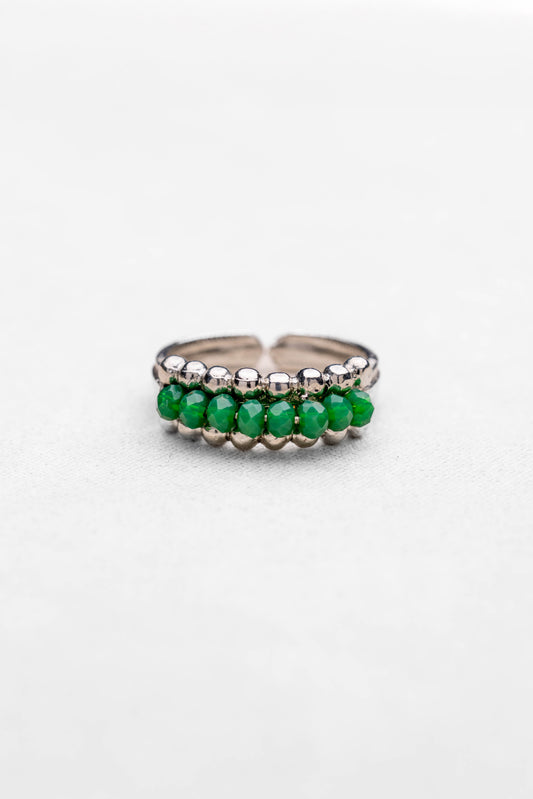 Silver Beaded Green Crystal Adjustable Ring